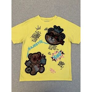 Majestik T-Shirt Men's Large Yellow Teddy Bear  Rhinestone Y2k Streetwear Tee